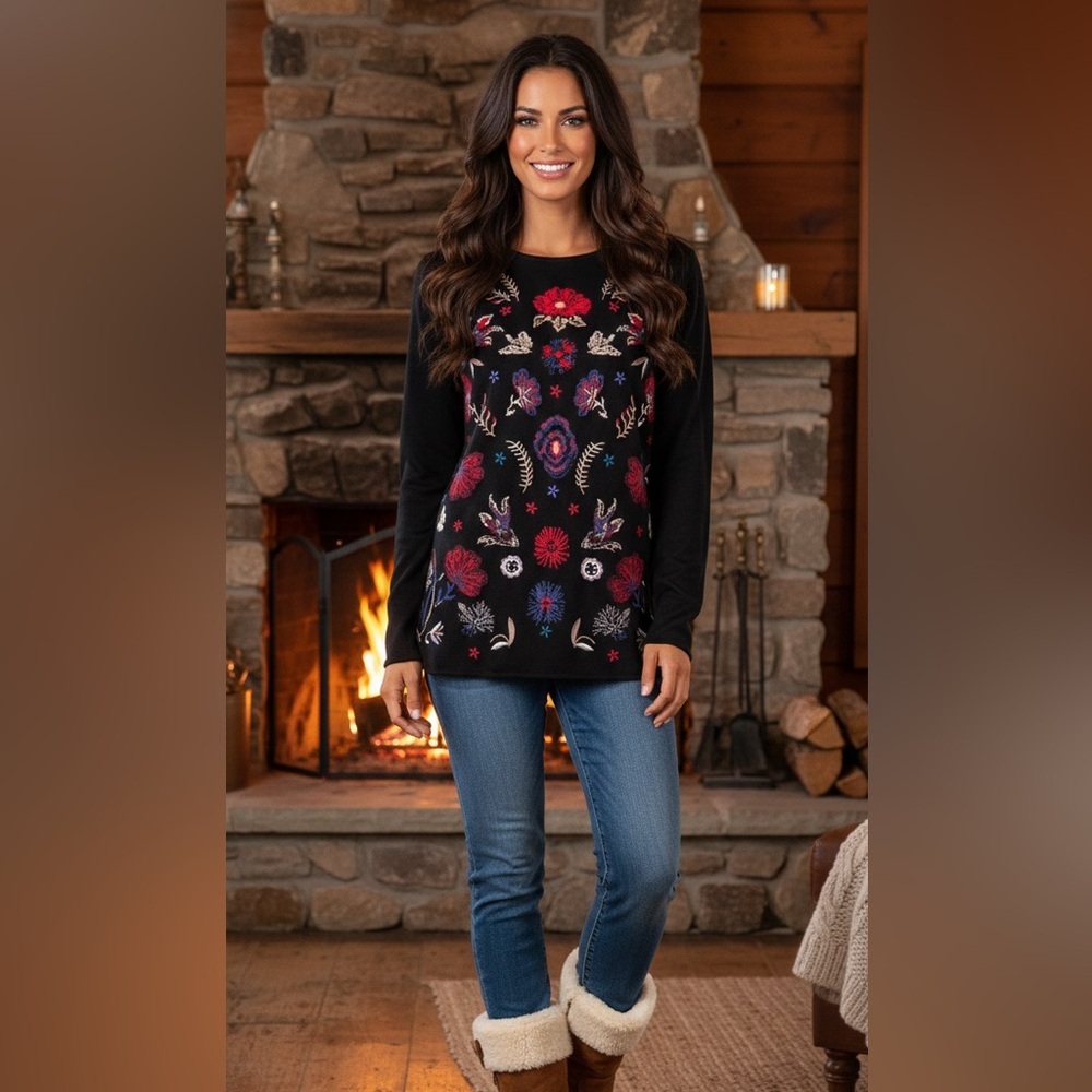 J. Jill Black 100% Wool Embroidered Floral Long Sleeve Crewneck Sweater Size XS
